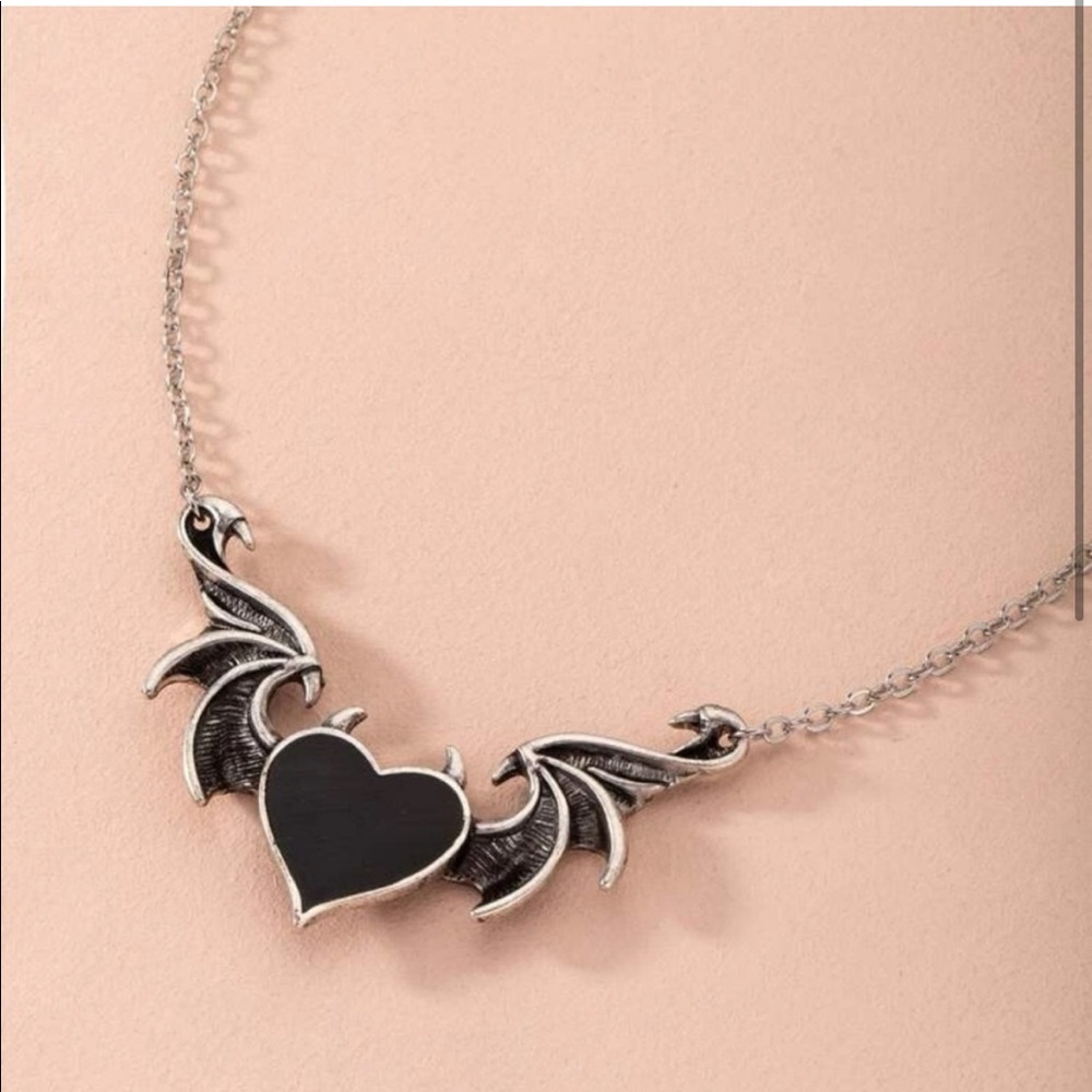 Edgy Black Heart Winged Silver Necklace